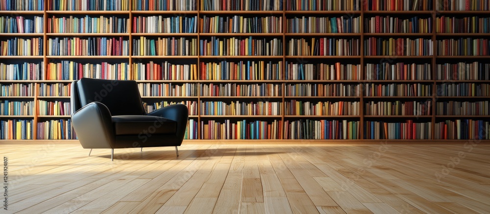 Fototapeta premium Minimalist living room with black armchair and extensive bookshelves showcasing wooden floors and ample wall space for text or product display