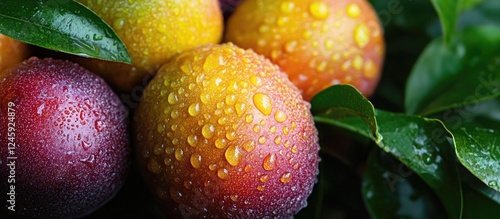 Close up of fresh passion fruit with droplets on surface surrounded by green leaves showcasing health and vitality of nature's produce photo