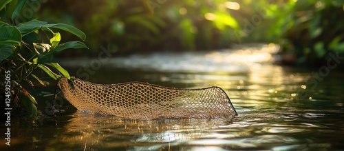 Close up of a fishing net resting in a tranquil river surrounded by lush greenery and warm sunlight filtering through the trees. photo