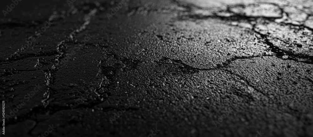 Close up of textured asphalt road surface with cracks and reflections showcasing details of weathered pavement in low light settings Close up of textured asphalt road surface with cracks and reflections showcasing details of weathered pavement in low light settings