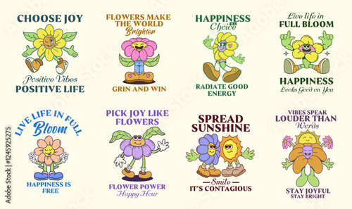Flowers groove cartoon vector set. Happy blooming t-shirt design, spring graphic illustration. Inspirational quotes bundle for clothing design and merch
