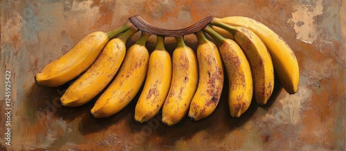 Close up view of ripe bananas arranged in a semi-circle on a rustic brown textured background showcasing their vibrant color and texture. photo