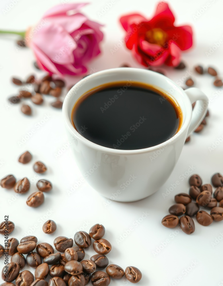 Dark coffee in a white cup surrounded by coffee beans and vibrant flowers on a light background Dark coffee in a white cup surrounded by coffee beans and vibrant flowers on a light background