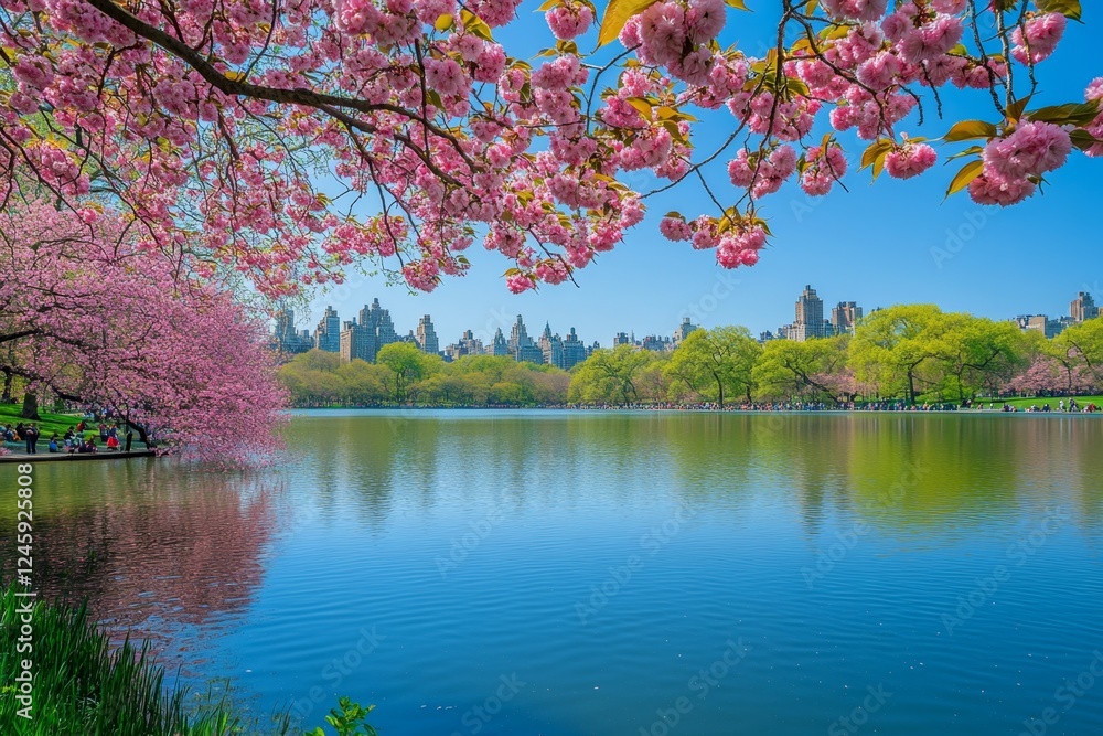 Spring Central Park lake, cherry blossoms, cityscape Spring Central Park lake, cherry blossoms, cityscape