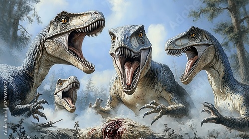 Raptor pack surrounds wounded Hadrosaurus in a dramatic prehistoric encounter photo