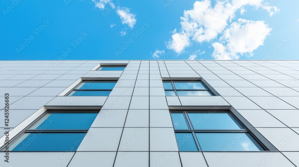 A modern building with large windows reflects a bright blue sky, showcasing clean lines and a sleek architectural design. A modern building with large windows reflects a bright blue sky, showcasing clean lines and a sleek architectural design.