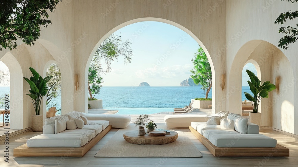 Obraz premium Modern Beach House Living Room with Ocean View and Scandinavian Design