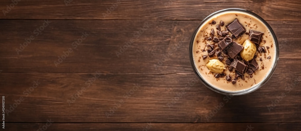 Chocolate Peanut Butter Shake in Glass on Wooden Surface with Dark Chocolate and Blank Space for Text Overlay Chocolate Peanut Butter Shake in Glass on Wooden Surface with Dark Chocolate and Blank Space for Text Overlay