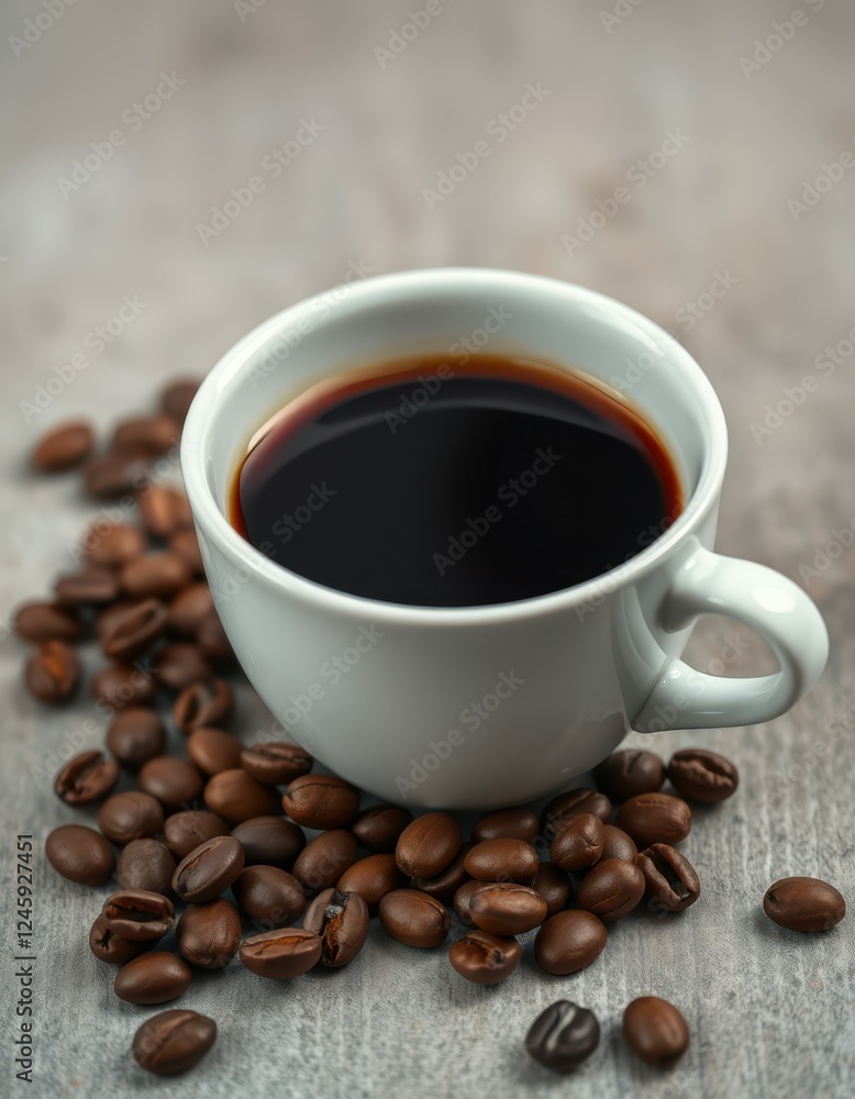 Freshly brewed coffee in a white cup surrounded by roasted coffee beans on wooden surface Freshly brewed coffee in a white cup surrounded by roasted coffee beans on wooden surface