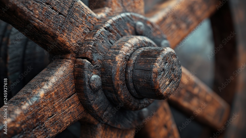 Close-up of an ancient wooden wheel showcasing intricate details and craftsmanship. Close-up of an ancient wooden wheel showcasing intricate details and craftsmanship.