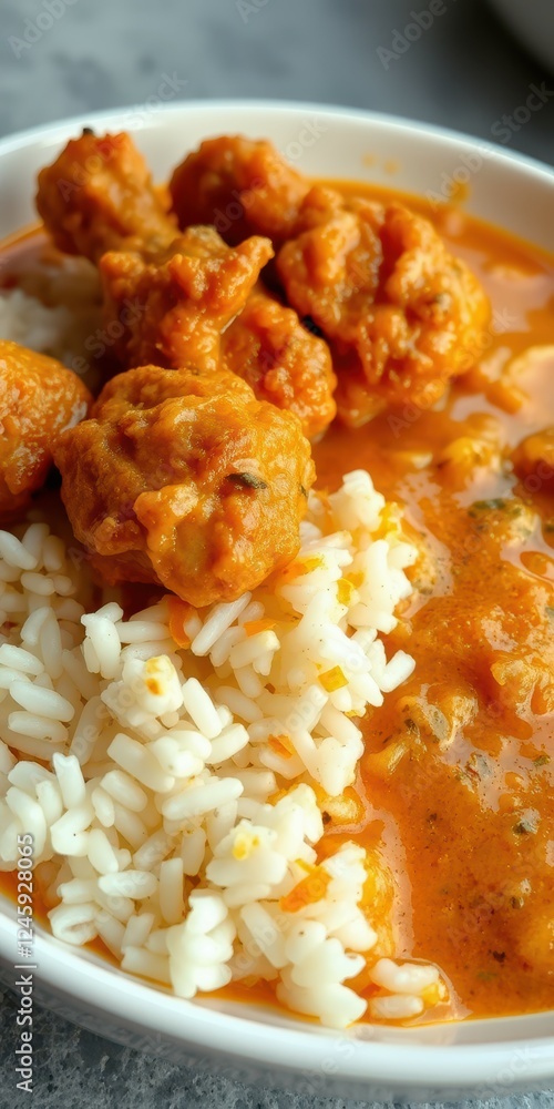 Delicious chicken curry served with white rice in vibrant orange sauce