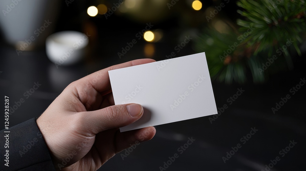 Hand Holding Blank White Notecard Against Dark Festive Background Hand Holding Blank White Notecard Against Dark Festive Background