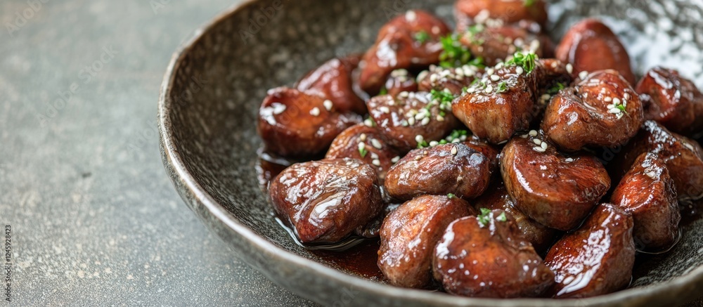 Fried chicken hearts in soy sauce and spices served on a textured concrete background for a gourmet culinary presentation Fried chicken hearts in soy sauce and spices served on a textured concrete background for a gourmet culinary presentation