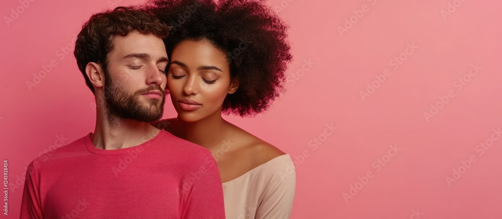 Intimate couple embracing with closed eyes conveying love and tenderness against a pink background with space for text or captions Intimate couple embracing with closed eyes conveying love and tenderness against a pink background with space for text or captions