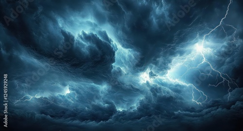 Dramatic Storm with Dark Clouds and Lightning Strikes in Chaotic Sky Scene photo