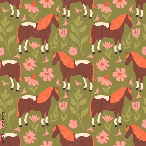Seamless pattern with cute horses and meadow flowers on a green background
