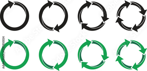 Set of circle arrow vector icons in black and green color silhouette style. Rotation, recycle and refresh icon symbols with one, two, three and four arrows. Vector illustration