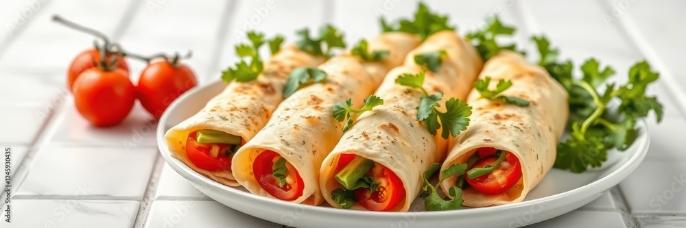 Four tomato and herb wraps are displayed on a white plate, ready to be enjoyed Four tomato and herb wraps are displayed on a white plate, ready to be enjoyed