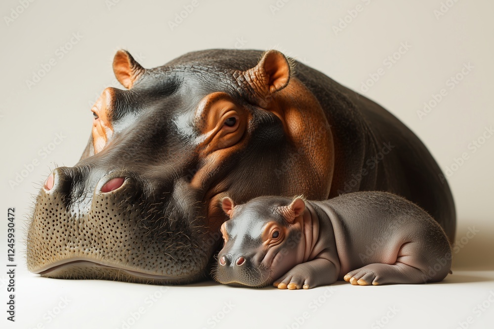 A mother hippo and her baby stand together A mother hippo and her baby stand together