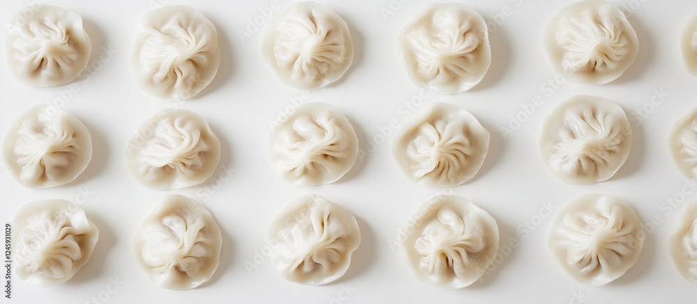 Fresh frozen dumplings arranged neatly on a white background ready for cooking showcasing their texture and shape in full depth of field Fresh frozen dumplings arranged neatly on a white background ready for cooking showcasing their texture and shape in full depth of field