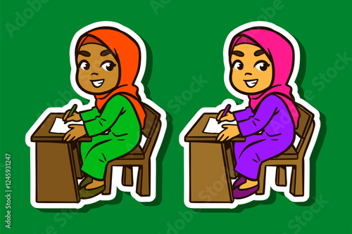 Sticker Illustration of a Muslim Girl Cartoon Character