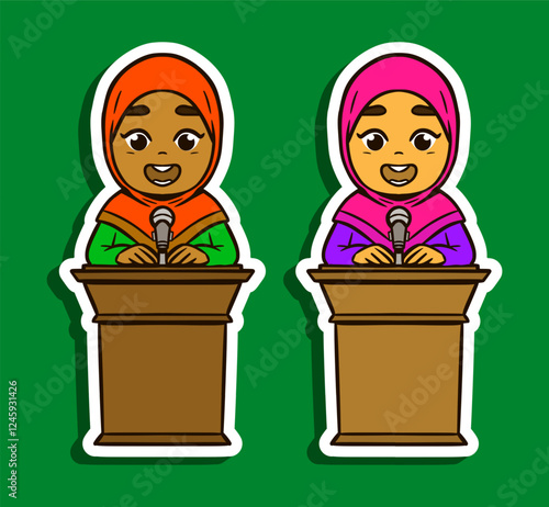 Sticker Illustration of a Muslim Girl Cartoon Character