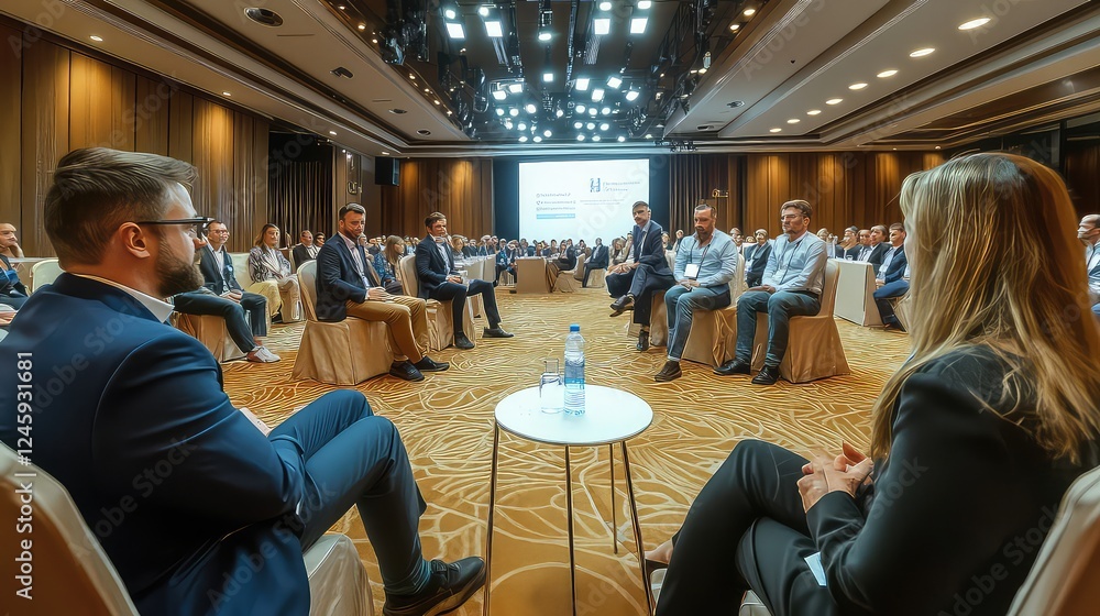 Interview and round table discussion at business convention and presentation. Audience at the conference hall. Business and entrepreneurship symposium Interview and round table discussion at business convention and presentation. Audience at the conference hall. Business and entrepreneurship symposium