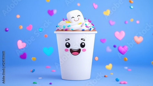 Cute Cartoon Hot Chocolate Cup with Marshmallow and Sprinkles on Blue Background