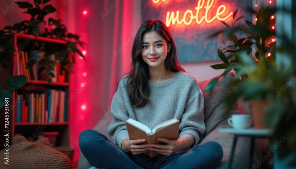 Serene Evening: A Young Woman Enjoys Reading in a Cozy Room Serene Evening: A Young Woman Enjoys Reading in a Cozy Room