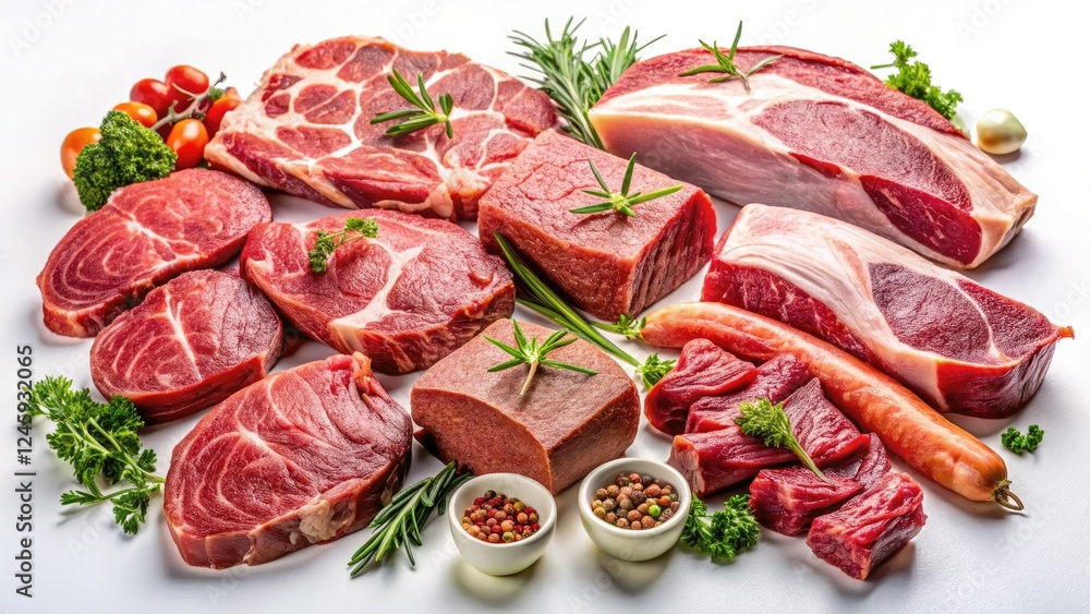 Close-up photography of raw meat: beef, pork, lamb cuts from a butcher shop. Close-up photography of raw meat: beef, pork, lamb cuts from a butcher shop.