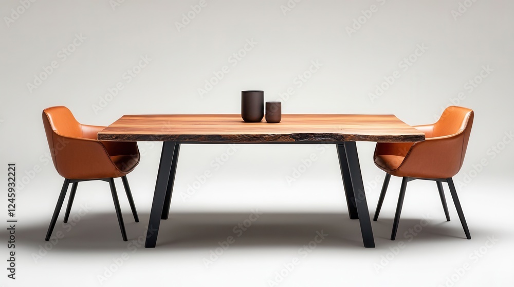 Fototapeta premium Elegant Live Edge Wood Dining Table with Leather Chairs