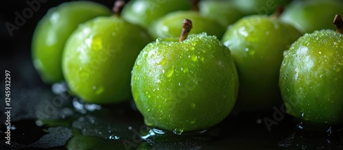 Fresh green Greengage plums glistening with moisture on a dark reflective surface showcasing vibrant colors and textures in a macro close-up shot photo