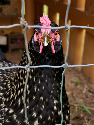 Hen trapped in hen coop behind wired fence, head and hackle closeup photo