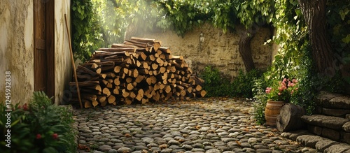 Chipped hardwood firewood stacked in a tranquil courtyard with lush greenery and cobblestone pathway illuminated by soft sunlight photo