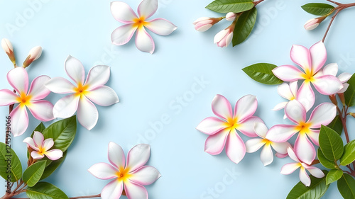 Beautiful jasmine flowers on light blue background, flat lay. Space for text. Generative AI