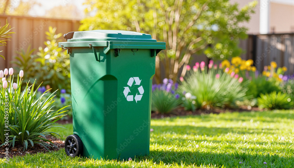 Green recycling bin in spring garden, eco-friendly initiative Green recycling bin in spring garden, eco-friendly initiative