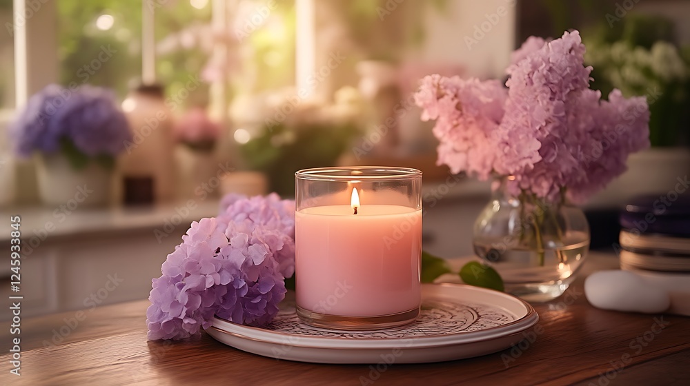 A soft pink candle and vibrant lilac blossoms create a calming still life arrangement A soft pink candle and vibrant lilac blossoms create a calming still life arrangement