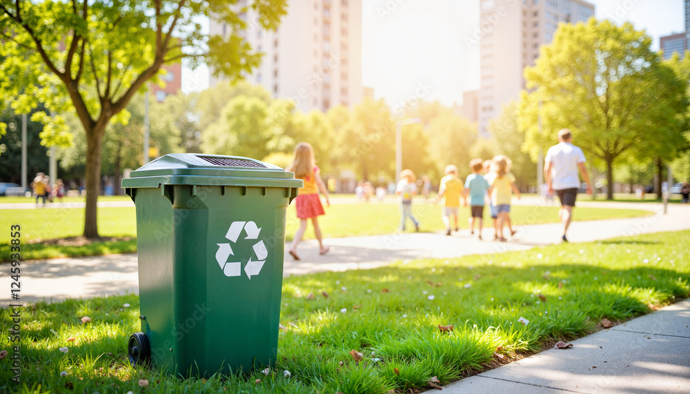 Recycling bin in modern city park on sunny day, promoting sustainability