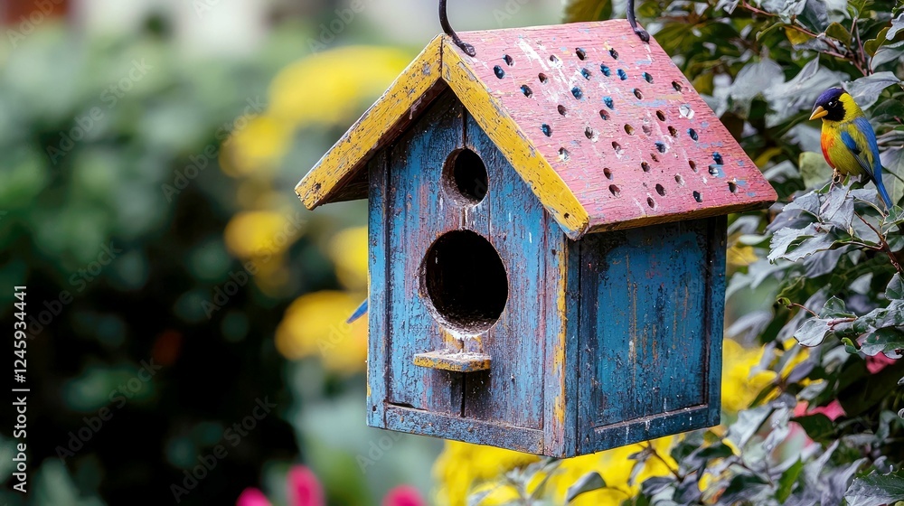 Vibrant Birdhouse in a Lush Garden: A Haven for Colorful Birds Vibrant Birdhouse in a Lush Garden: A Haven for Colorful Birds
