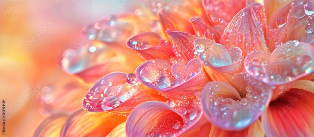 Vibrant close-up of a dew-covered dahlia showcasing intricate patterns and vivid colors in natural light. Vibrant close-up of a dew-covered dahlia showcasing intricate patterns and vivid colors in natural light.