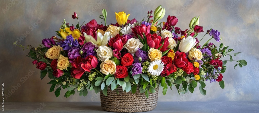 Vibrant mixed flower bouquet arrangement in a decorative basket against a subtle backdrop Vibrant mixed flower bouquet arrangement in a decorative basket against a subtle backdrop