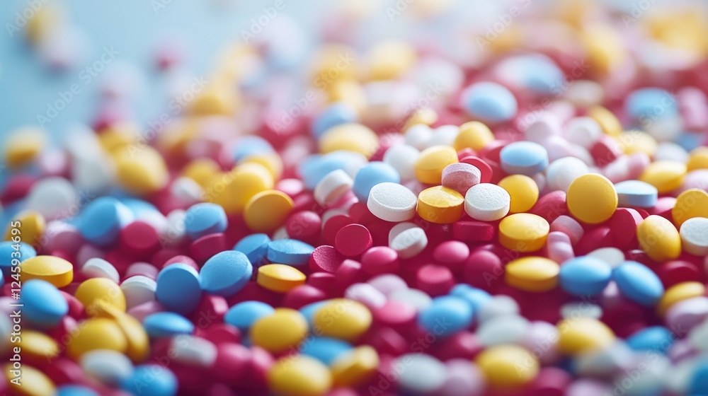 Close up of vibrant multicolored pills arranged on a surface with ample empty space for text appealing to health and wellness themes Close up of vibrant multicolored pills arranged on a surface with ample empty space for text appealing to health and wellness themes