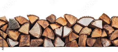 Chopped oak firewood neatly stacked on a white background displaying natural texture and colors ideal for seasonal or home decor themes. photo