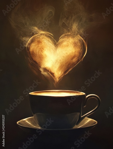 A heart-shaped latte art design in a steaming cup of coffee,...