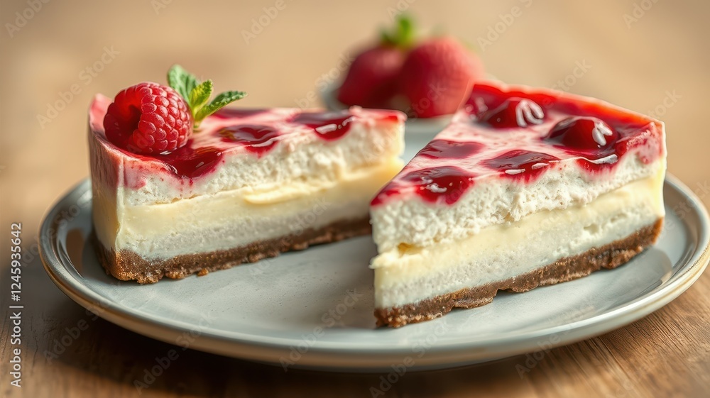 Delicious cheesecake with raspberry topping served on a gray plate in a cozy setting Delicious cheesecake with raspberry topping served on a gray plate in a cozy setting