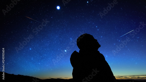 Silhouette of a man observing Milky Way stars, planets and other celestial objects from a dark countryside location.