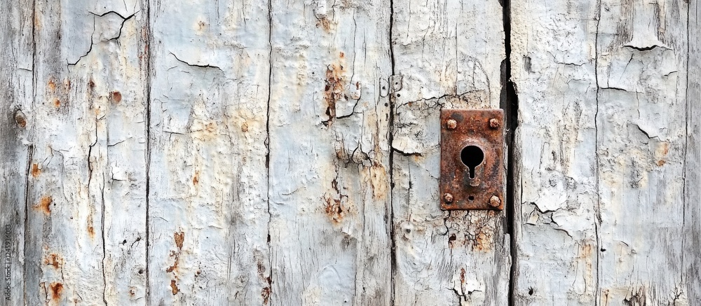 Closeup of a weathered cracked wood door featuring an old lock and rusty latch highlighting vintage architectural details. Closeup of a weathered cracked wood door featuring an old lock and rusty latch highlighting vintage architectural details.