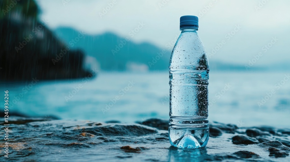 Close up of a mineral water bottle on a wet stone by the sea on a rainy day with space for text and a blurred background of nature Close up of a mineral water bottle on a wet stone by the sea on a rainy day with space for text and a blurred background of nature