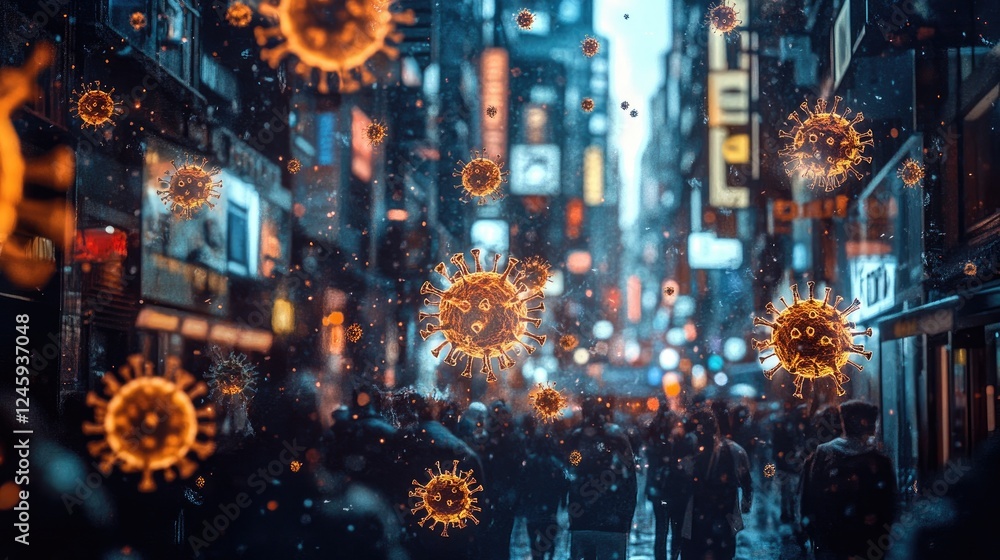 In a crowded city street at night, coronavirus particles are dispersed through the air, depicting the concept of viral spread in busy urban environments. In a crowded city street at night, coronavirus particles are dispersed through the air, depicting the concept of viral spread in busy urban environments.