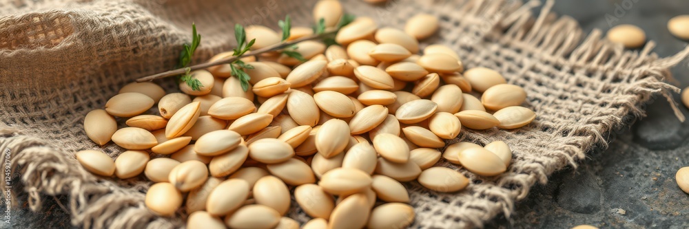 Pumpkin seeds resting on burlap with fresh thyme highlighting a rustic kitchen setting Pumpkin seeds resting on burlap with fresh thyme highlighting a rustic kitchen setting